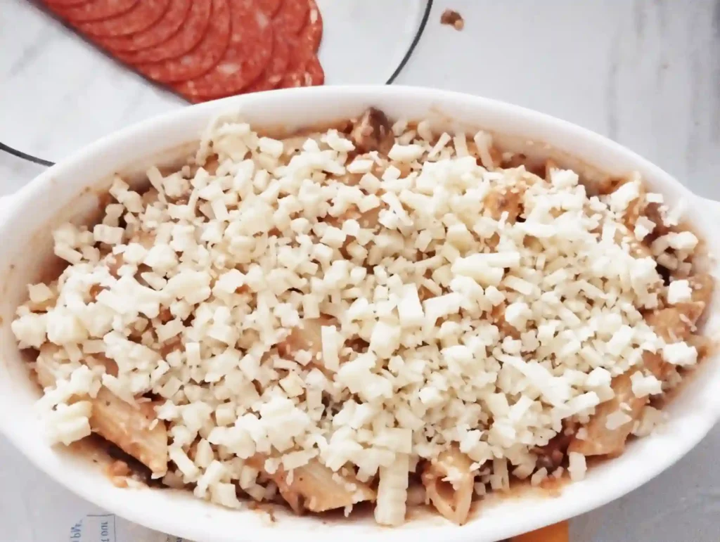 Layer in baking dish pizza pasta bake